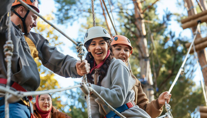 Employees participating in a ropes course challenge, helping each other navigate through obstacles, with copy space