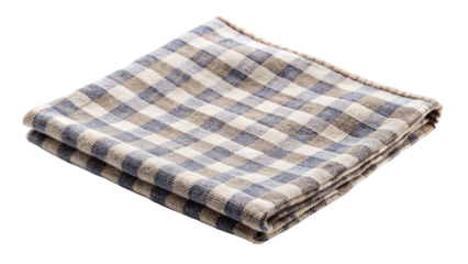 A neat stack of white and blue checkered cloth napkins isolated on a clean white background