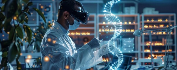 A scientist using a virtual reality headset to manipulate 3D models of DNA, with a futuristic lab setting behind, knolling