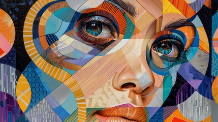 Abstract portrait of a woman with geometric patterns and vibrant colors in a modern art style.