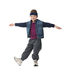 Happy little boy dancing on white background