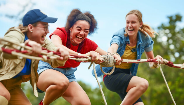 Team members participating in a fun, competitive game of tug-of-war, pulling with all their might and encouraging each other, with copy space