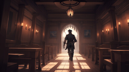 silhouette of a person walking in a corridor