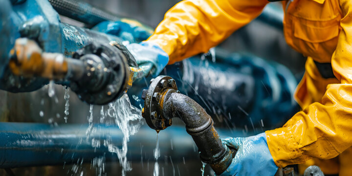 Dynamic image of a worker in protective gear fixing a bursting high-pressure water pipe