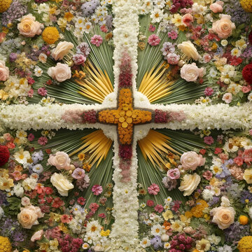 Ein farbenfroher Blumenteppich in Form eines Kreuzes auf gr&uuml;nem Hintergrund, gestaltet mit verschiedenen Blumen. Perfekt f&uuml;r Fronleichnam oder andere christliche Feste.