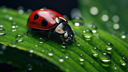 Fototapeta premium a red ladybug with black dots on it, was walking on a green leaf wet with water droplets.