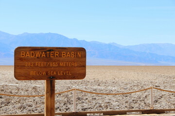 Wooden sign in Death Valley National Park. Badwater Basin, California, USA