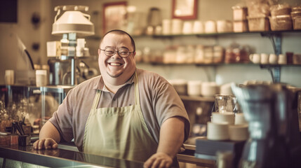 Obraz premium Joyful Coffee Shop Employee with Down Syndrome Smiling at the Bar