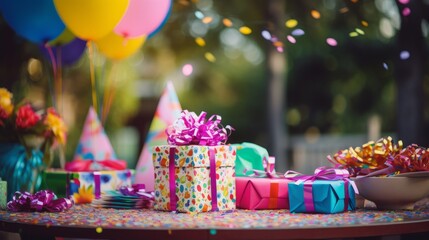 Fototapeta premium Colorful Birthday Party Table With Gifts, Balloons, And Confetti Decoration. Generative AI