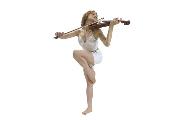 young blonde female musician plays the violin moving on one leg, isolated on transparent background, png