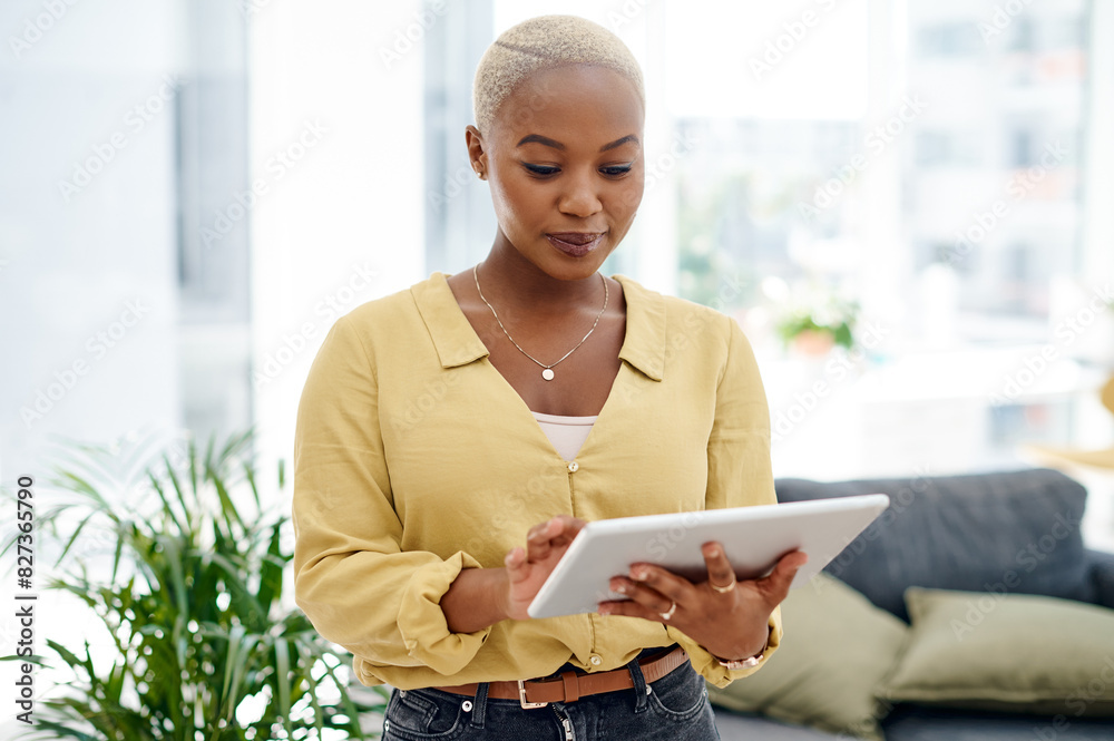 Poster black woman, business and office with tablet for career, website developer with plan in workplace. f