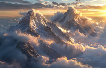 In the sky, clouds and mist surround three snowcapped mountains in front. The peaks can be seen through the white fog