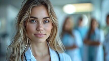 Fototapeta premium attractive female doctor in front of medical group with