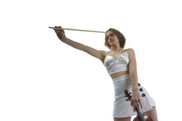 young blonde female musician put a bow to her head showing how tired and tired she was, isolated on transparent background, png