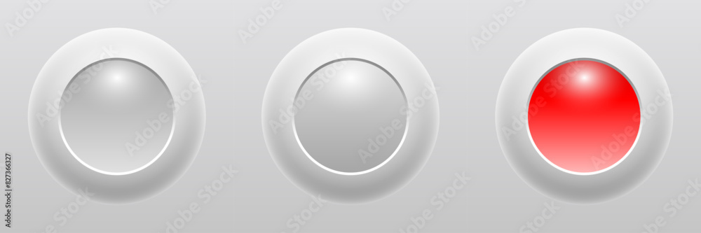 Poster White grey and red buttons for user interface, simple 3D modern design for mobile, web, social media, business. Minimal style UI icons set.
