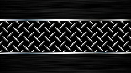 Metallic silver black background, 3d black brushed metal with diamond plate texture.