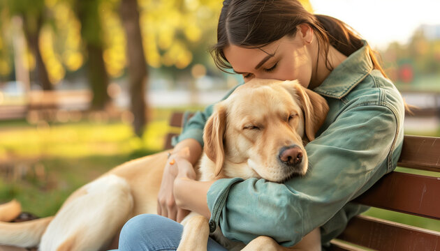 A woman hugging her emotional support dog on a park bench, the dog calmly resting its head on her lap, with copy space