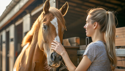 A woman with depression petting her emotional support horse in a stable, the horse nuzzling her gently, creating a moment of connection, with copy space