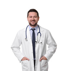 Fototapeta premium Portrait of smiling doctor isolated on white