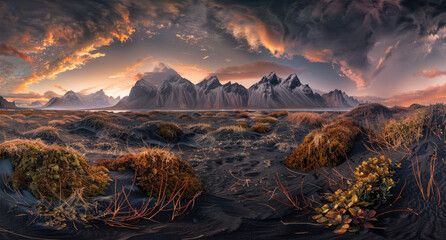 panoramic view of black sand beach with green moss, majestic vestrahorn mountain in the background, colorful sky at sunset, Icelandic landscape