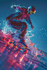 Skateboarder Performing Trick with Fiery Water Splash Effect in Dynamic Scene
