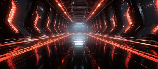 3d rendering glowing red neon sci-fi corridor