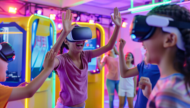 A group of teenagers celebrating a high score in a VR game, high-fiving and cheering, with vibrant lights and gaming pods around them, with copy space