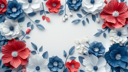 Floral Border with Red, White, and Blue Flowers on Abstract Crimson Foliage Background with Copy Space