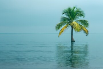 Solitary Palm Tree Overlooking Calm Ocean Water - Nature Scenery and Relaxation Concept for Tropical Paradise Posters