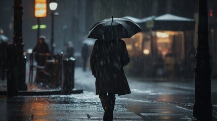 Solitary Figure Walking Under Umbrella On Rainy City Street At Night. Generative AI