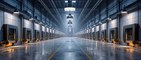 Spacious Modern Warehouse with Advanced Lighting and High-Tech Storage Systems