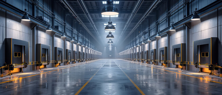 Spacious Modern Warehouse with Advanced Lighting and High-Tech Storage Systems
