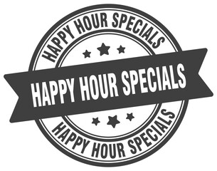 happy hour specials stamp. happy hour specials label on transparent background. round sign