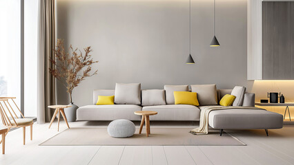 Good design living room with modern decor. Real estate, villa, minimalist room, sofa, copy space, mock-up