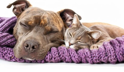 Cozy canine and feline nap on purple knitted blanket