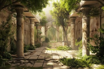 Naklejka premium Mystical ancient ruins with overgrown foliage under a sunlit canopy