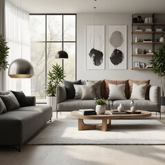 Design a contemporary living space that embodies the principles of modern interior design. The space should be functional, stylish, and comfortable, reflecting current trends