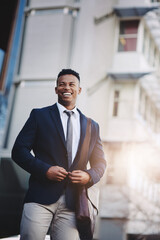 Black man, business and corporate in city or commute travel with smile as financial consultant,...