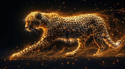 Low poly illustration of the cheetah with a golden dust effect