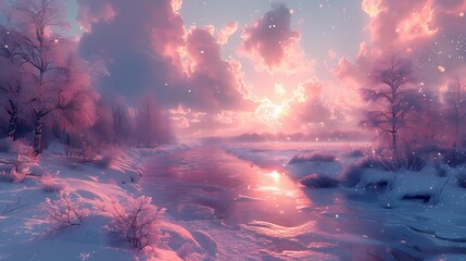 winter evening with the sky in soft fluffy hues of pastel pink and blue