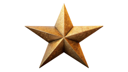A shiny gold five-pointed star, a popular Christmas decoration, isolated on a white background