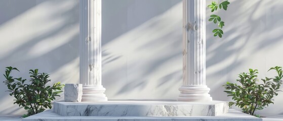 The image is a 3D rendering of a white marble podium with two columns in the background