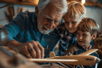 Elder man in blue shirt showcasing model airplane to two attentive young boys
