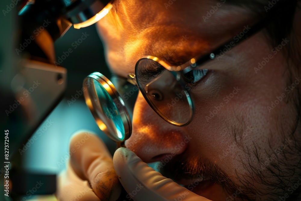 Poster A scientist is closely inspecting a sample with a microscope using a magnifying glass, highlighting research and discovery