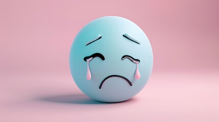 crying emoji on a soft pink background with space for copy The emoji is light blue with tears streaming down its face