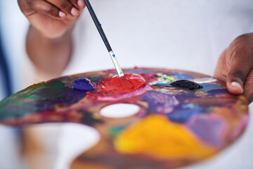 Creative, brush and palette for art, painting and artist with color, house and mixing with tools....