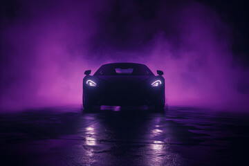 Silhouette front view of a black sports car in a foggy-toned background with glowing purple lights...