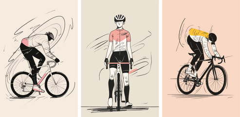 Collection of minimal road bike racing poster cover designs. Abstract cycling sports background