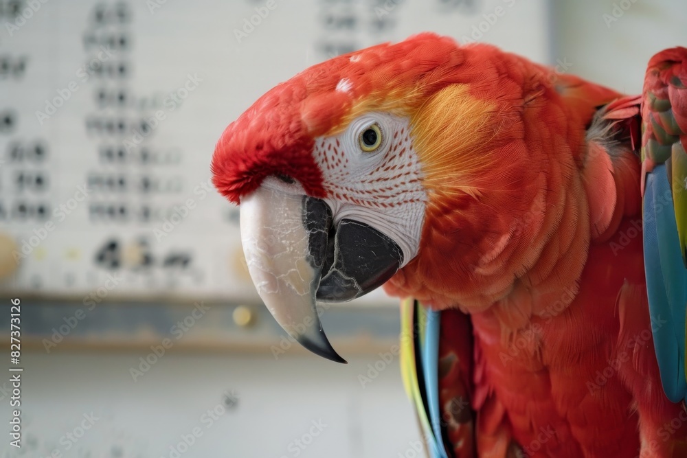 Aufkleber A close-up image of a vibrant red macaw parrot with intricate feather details and sharp beak