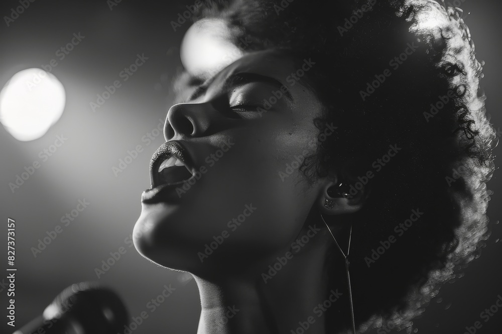 Poster despite the face being obscured, the image captures a singer performing illuminated by a stage light